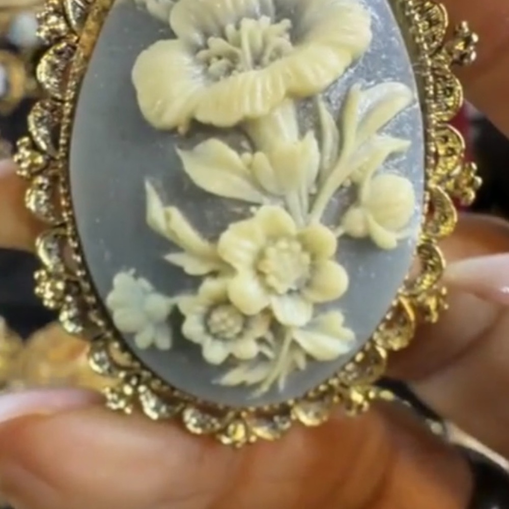 Elegant Gold and Cream Floral Cameo pendant and brooch